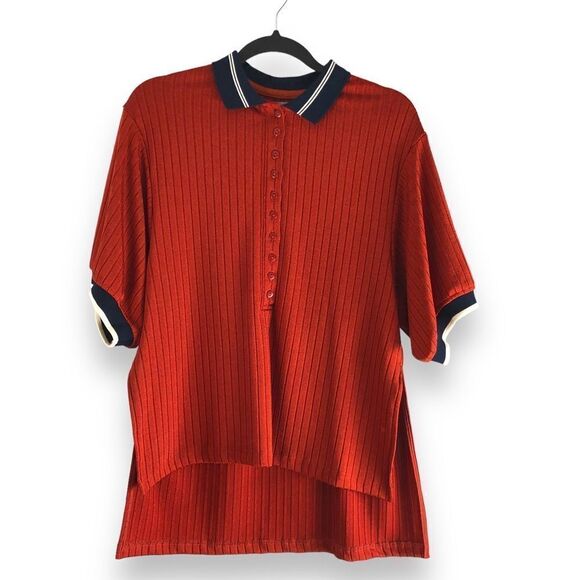 Urban Outfitters Size XS Rust Red Blue Stripe‎ Collar Oversized Farrah Polo Top - Picture 1 of 15